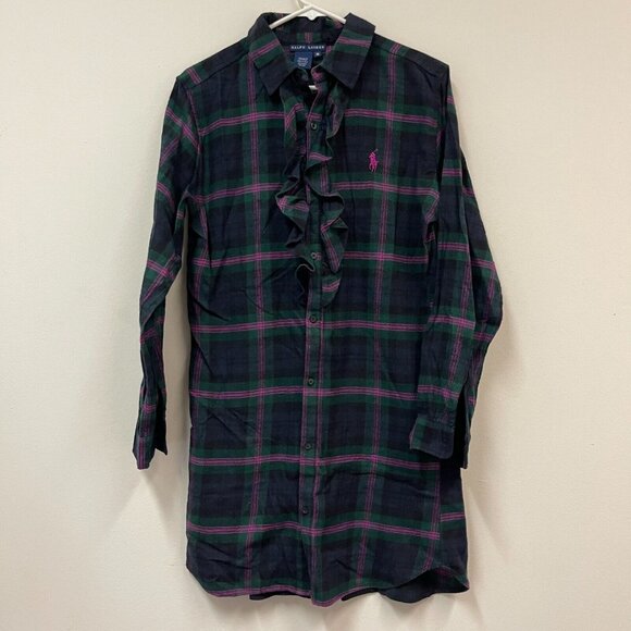 Ralph Lauren Dresses & Skirts - Ralph Lauren Plaid 100% Cotton Ruffle Flannel Shirt Dress Medium Black/Green